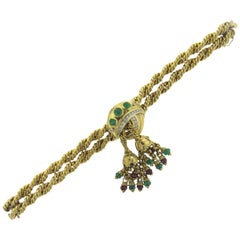 1960s Ruby Emerald Diamond Gold Tassel Bracelet