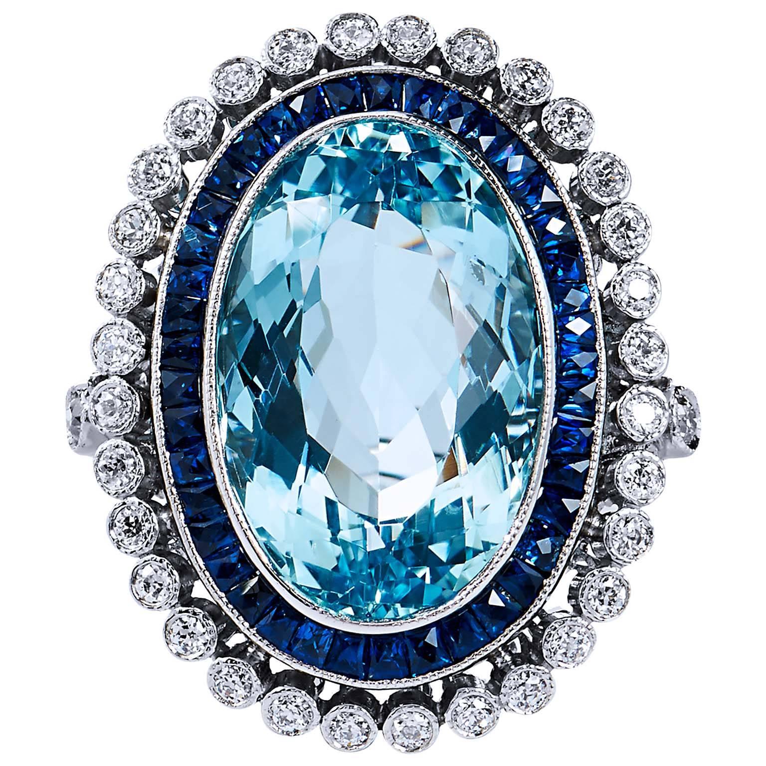 GIA Cert Art Deco Inspired 10.54 Carat Aquamarine Diamond Platinum Ring 7.25