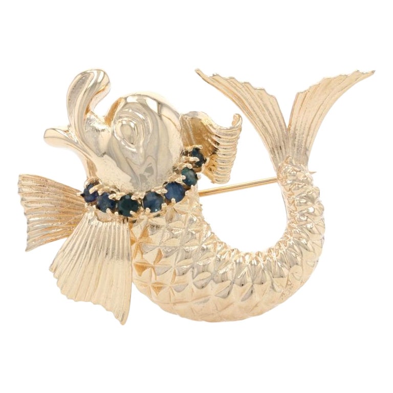 Yellow Gold Sapphire Whimsical Fish Brooch, 14k Round .56ctw Sea Ocean Life Pin