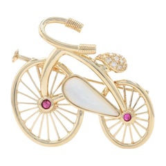 Yellow Gold Mother of Pearl, Ruby, & Diamond Bicycle Brooch 18k .28ctw Bike Pin