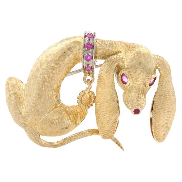 Yellow Gold Ruby Dog Brooch 18k Rnd .18ctw Pet Canine Hound Brushed Milgrain Pin