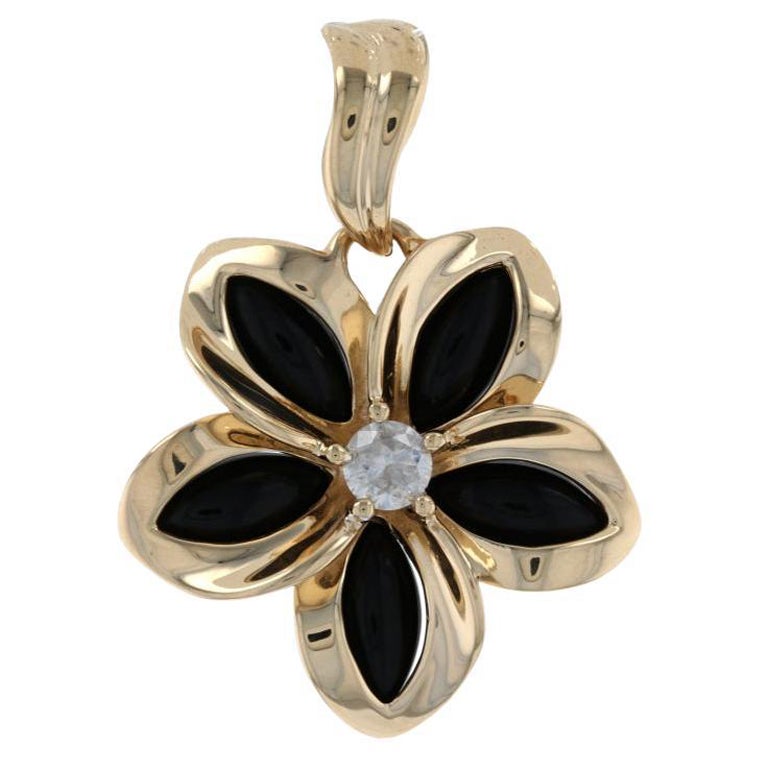 Maui Divers Diamond & Onyx Flower Pendant, Yellow Gold 14k Round .30ctw Blossom