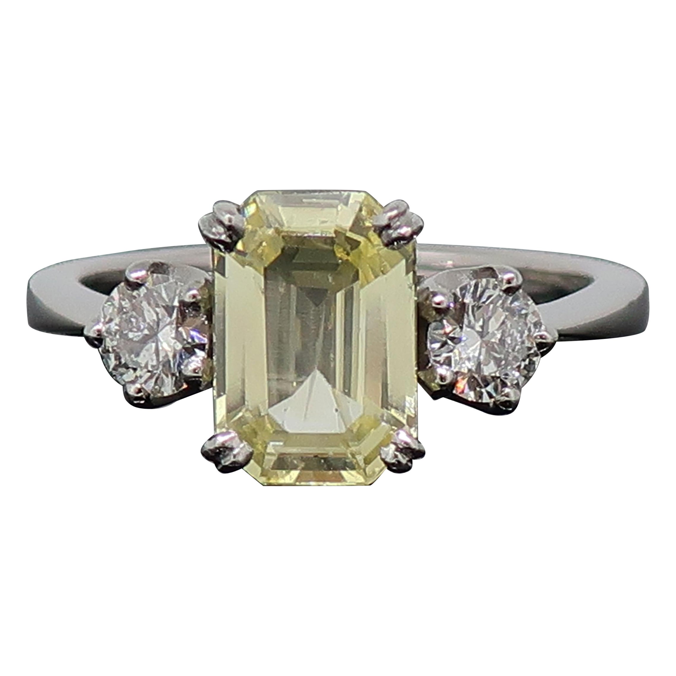 Pale Yellow Sapphire and Diamond Three-Stone Ring 18 Karat White Gold For Sale