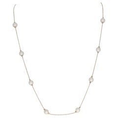 Yellow Gold Cultured Pearl Station Necklace, 14k Bead Chain Extender Adjustable