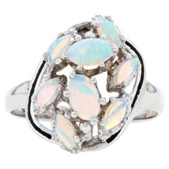 Opal Cluster Bypass Ring, 10k White Gold Black Enamel Cabochon .60ctw