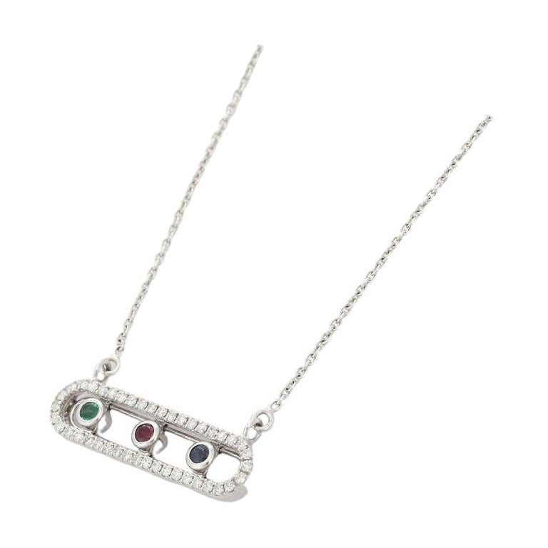 Emerald, Ruby and Sapphire Bar Style Pendant in 18kt Solid White Gold 