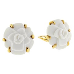 Chanel Camelia Flower White Agate Yellow Gold Earrings