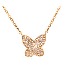 14K Diamond Pave Butterfly Pendant Necklace Yellow Gold