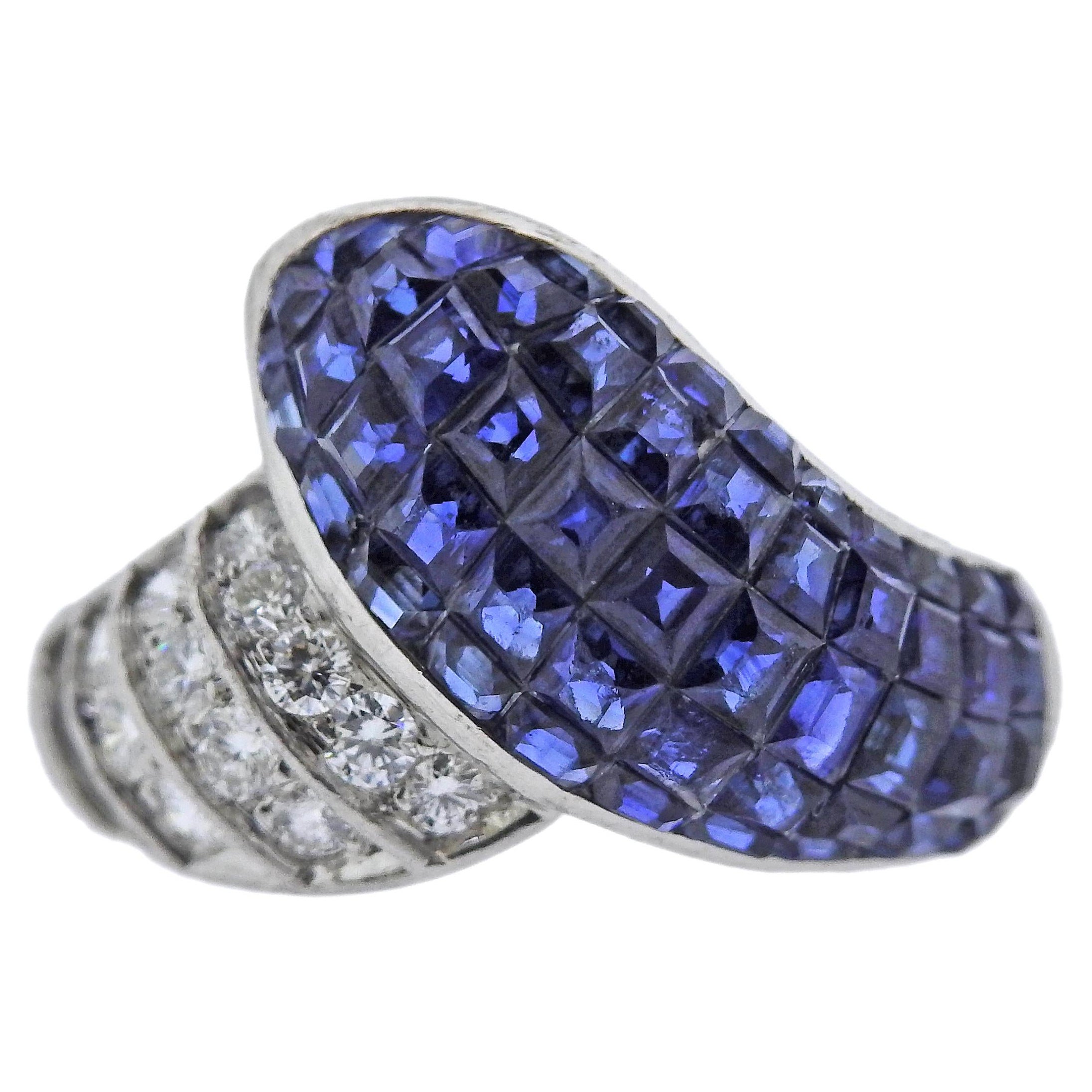 4.49 Carat Invisible Set Sapphire Diamond Platinum Cocktail Ring For Sale