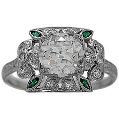 Antique Emerald 1.45 Carat Diamond Platinum Engagement Ring 
