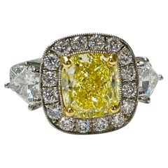 GIA Certified Fancy Intense Yellow Cushion and White Diamond Engagement Ring