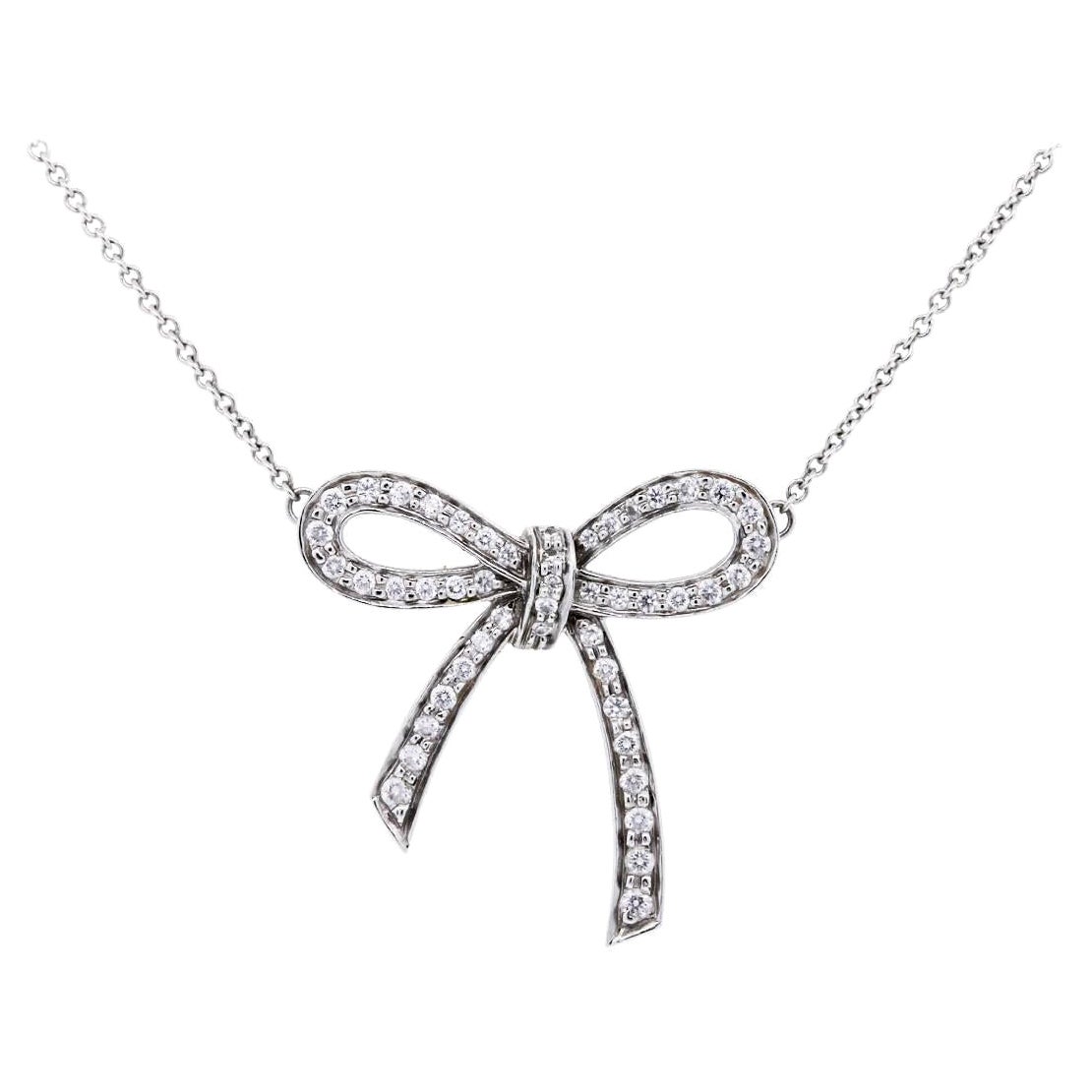 Tiffany & Co. Diamond Platinum Bow Pendant Necklace in Stock