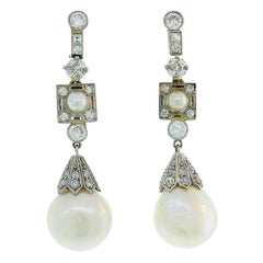Art Deco Natural Pearl Diamond Platinum Earrings GIA Report