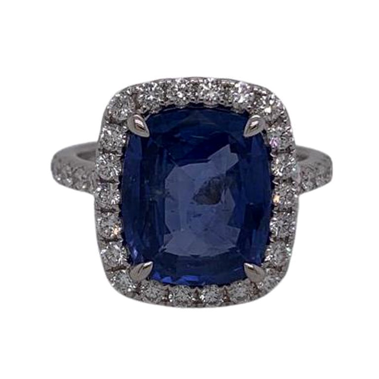 6.02 Carat Cushion Blue Sapphire & Diamond Ring in 18 Karat White Gold For Sale