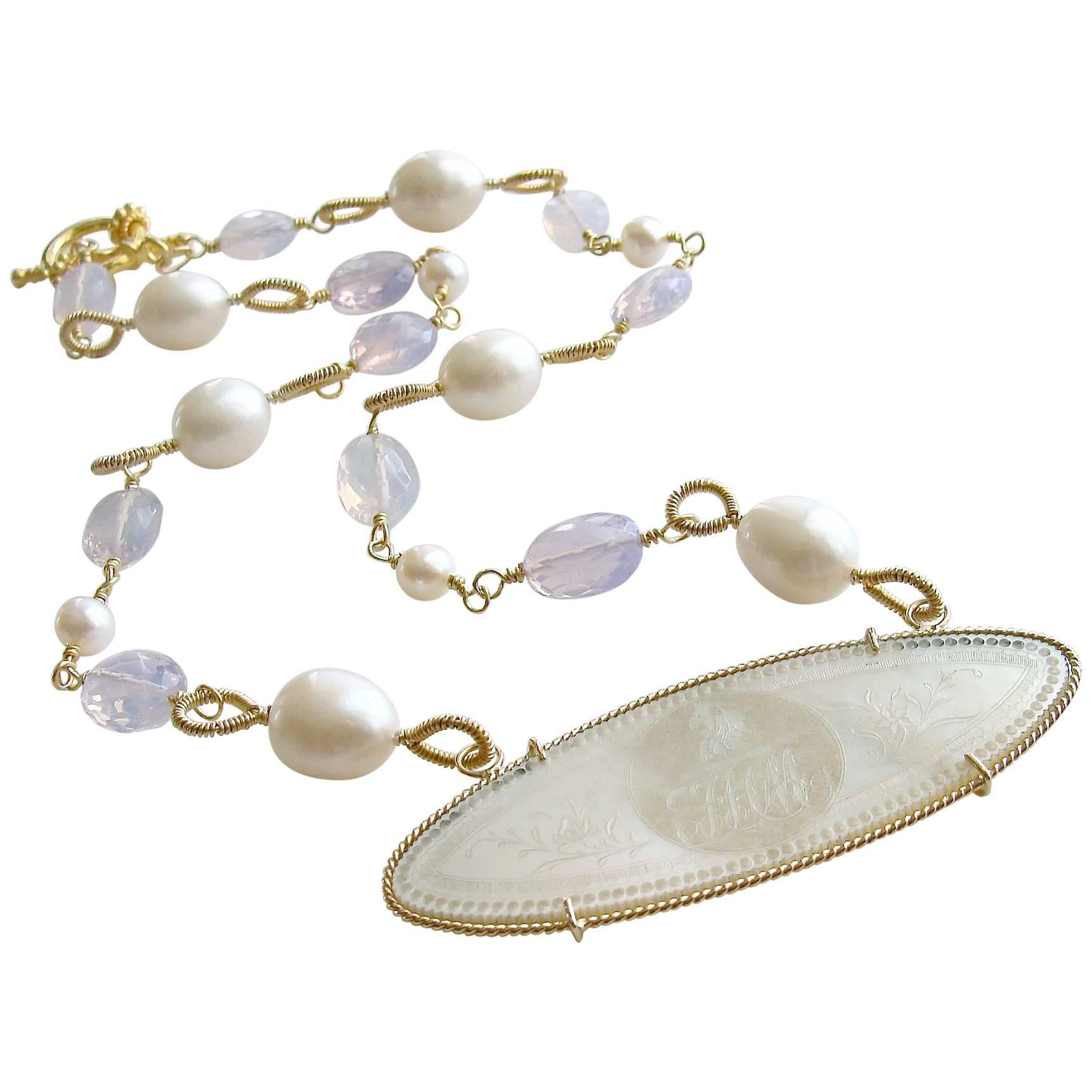 Mother of Pearl Monogram Gaming Counter Lavender Moon Quartz Necklace  For Sale