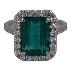 4.35 Carat Emerald Cut Emerald & Diamond Ring in 18 Karat White Gold