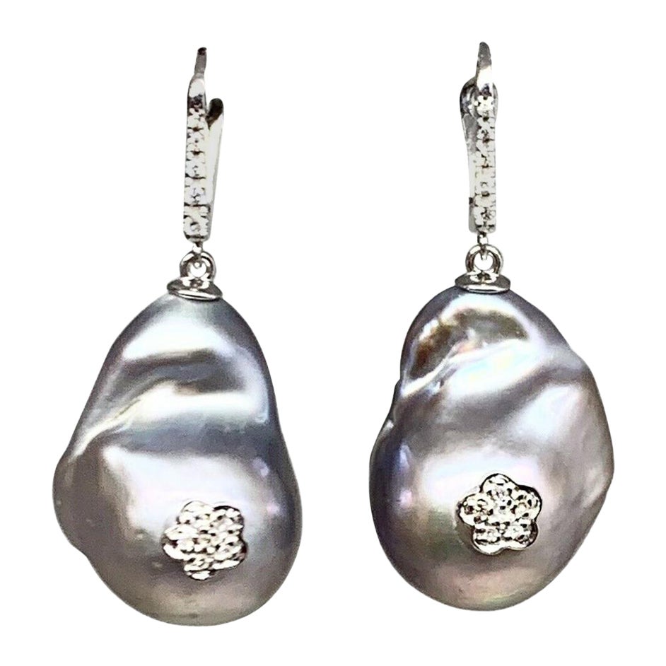 Diamond Freshwater Pearl Earrings 14 Karat Gold Grey 23.2 Mm Certified