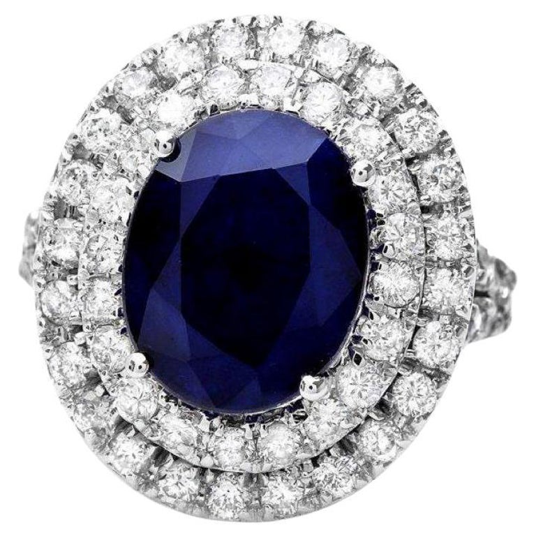 14 Karat massiver Weißgold Ring mit 7,90 Karat natürlichem blauen Saphir und Diamant