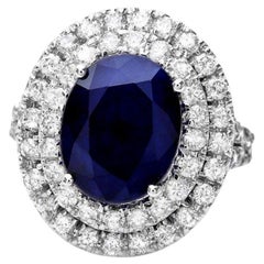 14 Karat massiver Weißgold Ring mit 7,90 Karat natürlichem blauen Saphir und Diamant