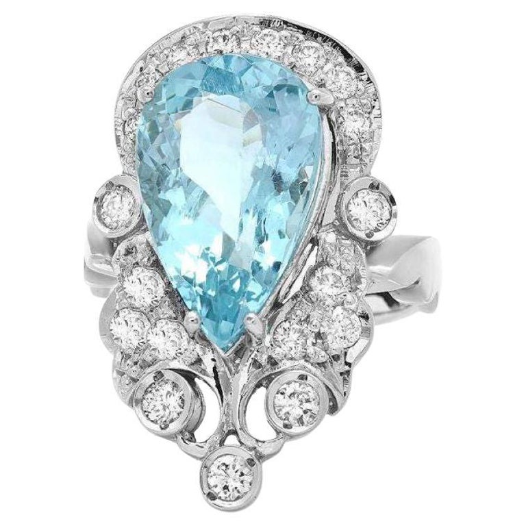 7.60 Carats Natural Aquamarine and Diamond 14K Solid White Gold Ring For Sale