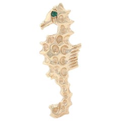 Yellow Gold Emerald Seahorse Pendant, 14k Round Cut Ocean Life Etched