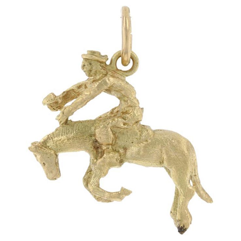 Yellow Gold Horseback Riding Charm, 18k Brushed Finish Rodeo Pendant