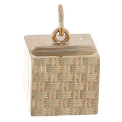 Vintage Yellow Gold Box Charm, 14k Woven Texture Pendant Opens