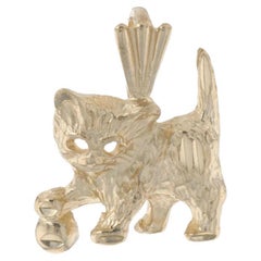 Yellow Gold Playful Kitten Pendant, 14k Etched Pet Cat with Ball