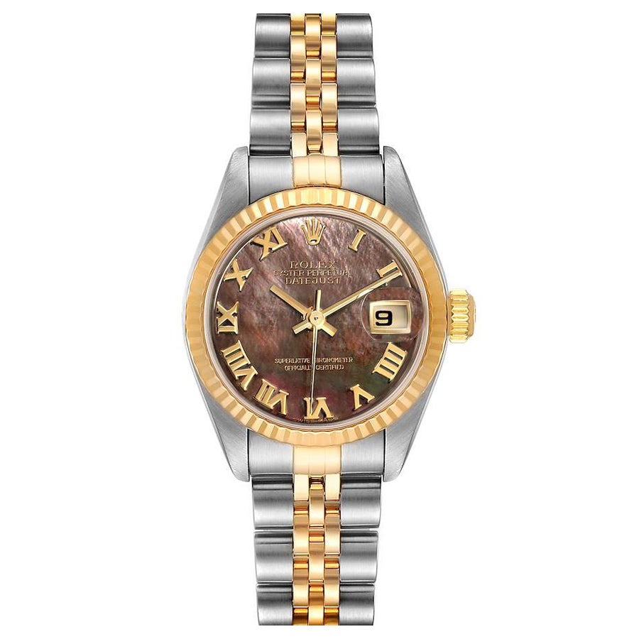 Rolex Datejust Steel Yellow Gold Black MOP Roman Dial Ladies Watch 79173 For Sale