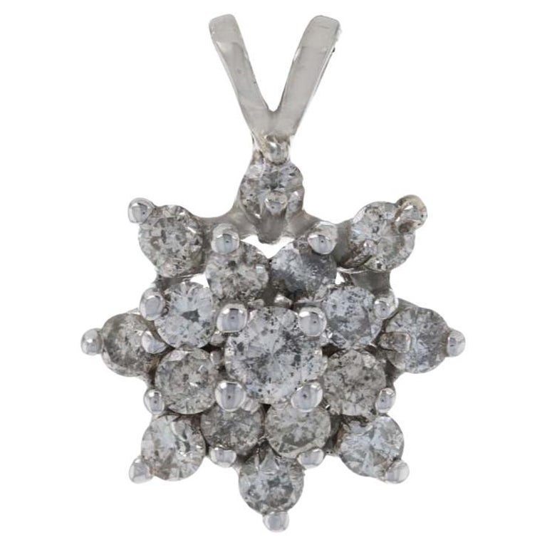 White Gold Diamond Cluster Halo Pendant, 14k Round Cut 1.00ctw Tiered Flower For Sale