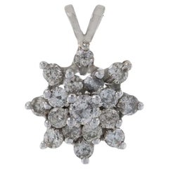 Vintage White Gold Diamond Cluster Halo Pendant, 14k Round Cut 1.00ctw Tiered Flower