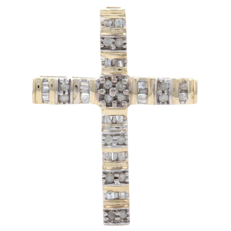 Yellow Gold Diamond Cross Pendant, 10k Single & Baguette Cut .20ctw Faith