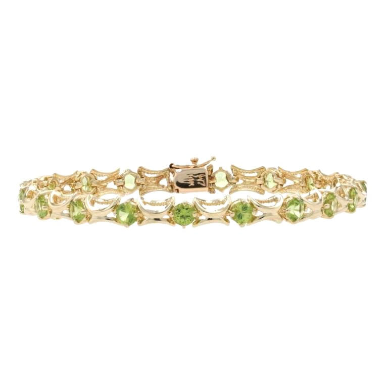 Yellow Gold Peridot Link Bracelet, 14k Round Cut 4.68ctw Milgrain