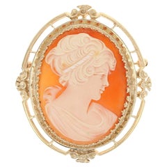 Yellow Gold Carved Shell Cameo Brooch/Pendant, 14k Convertible Silhouette Pin