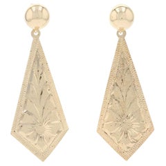 Yellow Gold Curved Flower Dangle Earrings, 14k Etched Blossoms Pierced