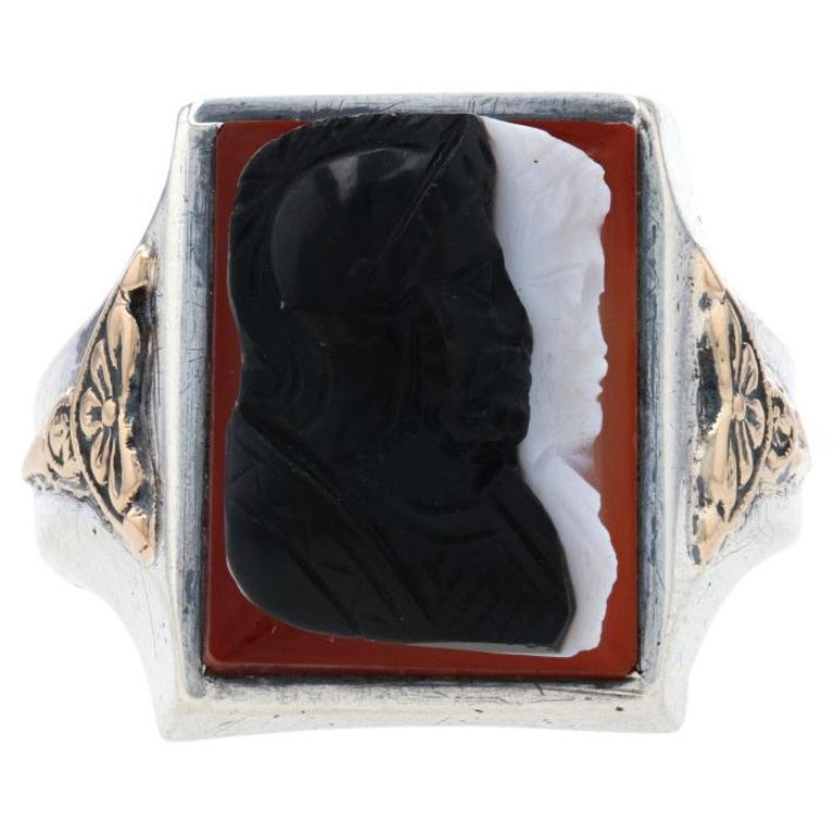 Antique Deco Cameo Ring Men's Tigers Eye 14 Karat White Gold Vintage