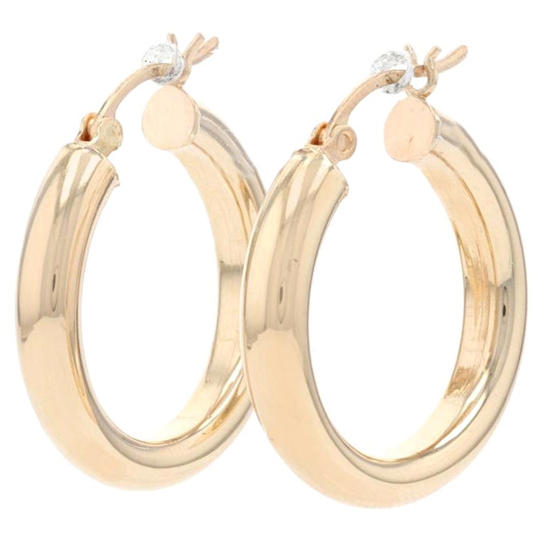 Yellow Gold Hoop Earrings, 14k Snap Closures Pierced Round For Sale at