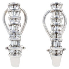 Antique White Gold Diamond J-Hoop Earrings, 14k Round Brilliant & Baguette Cut 1.00ctw