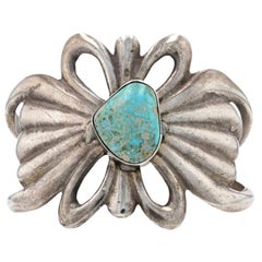 Retro Native American Sterling Silver Turquoise Cuff Bracelet, 925 Sand Cast