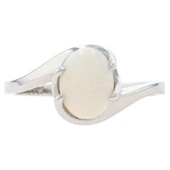 White Gold Opal Solitaire Bypass Ring, 10k Oval Cabochon Cut .80ct