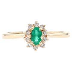 Antique Yellow Gold Emerald & Diamond Halo Ring, 14k Oval Cut .32ctw