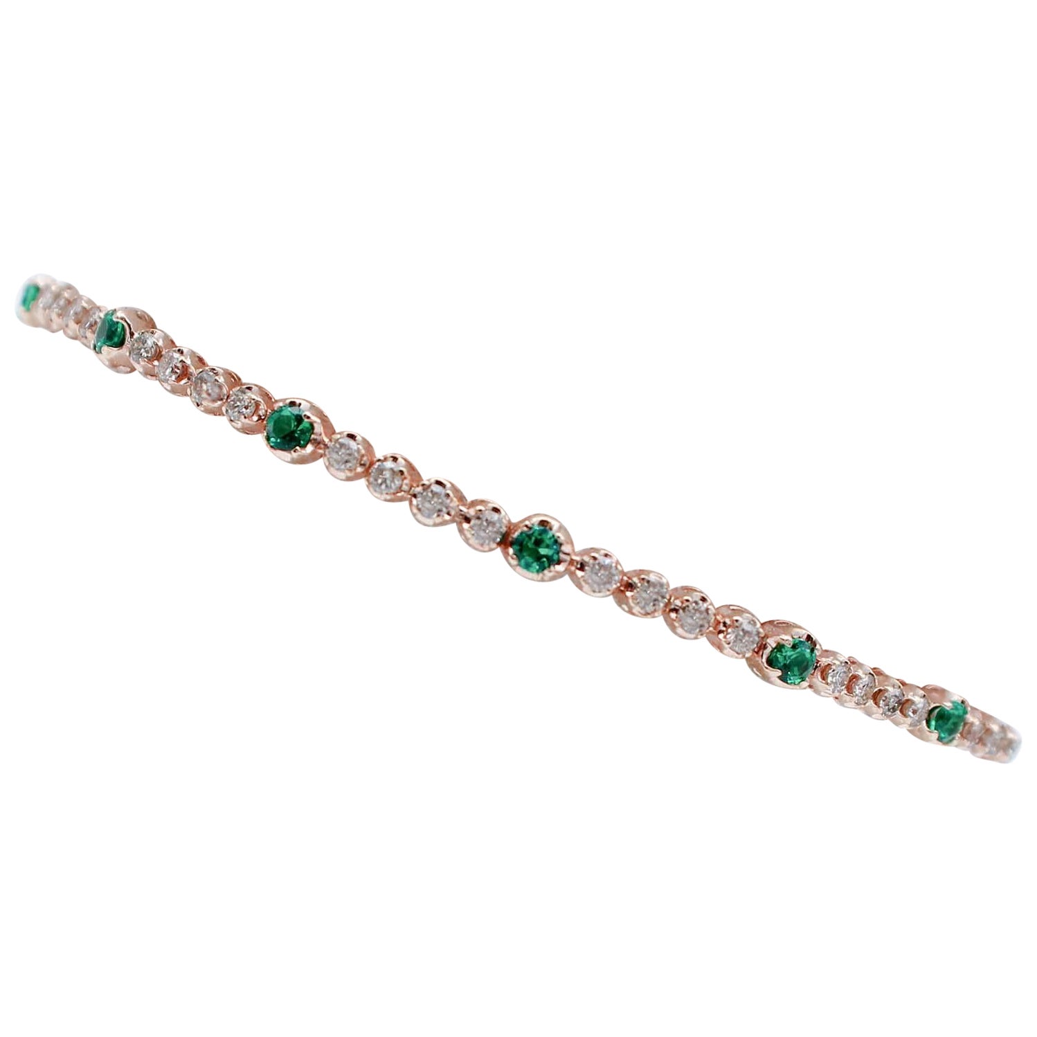 Green Stones, Diamonds, 9 Karat Rose Gold Tennis Bracelet