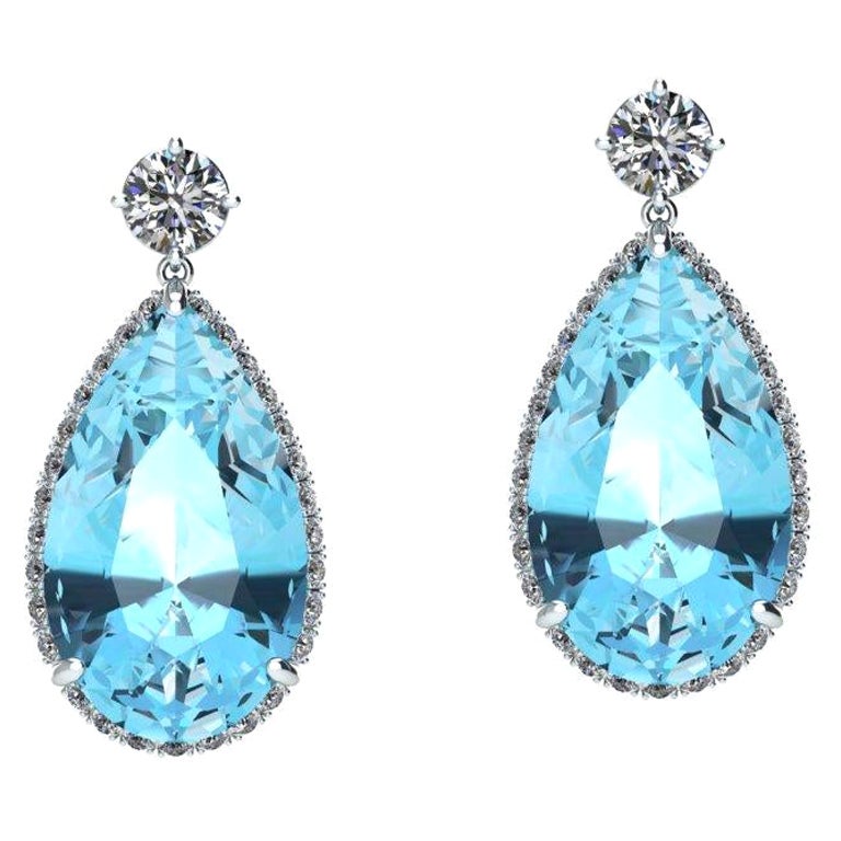 9.96 Carats Pear Shape Aquamarine and Diamonds Platinum Drop Dangling Earrings