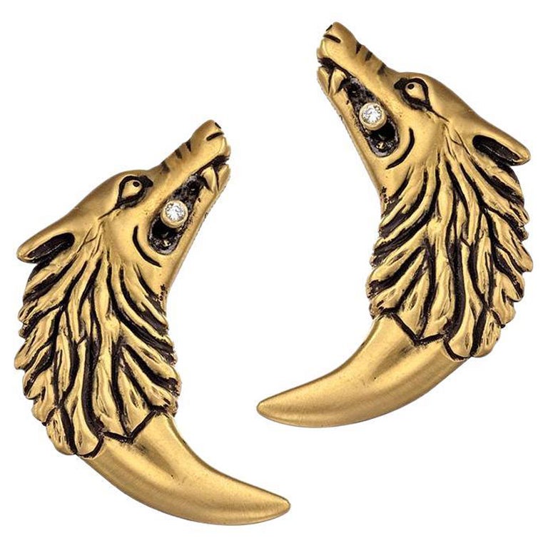 Wendy Brandes 18k Gold Wolf Fang Earrings with Diamond Accents For Sale