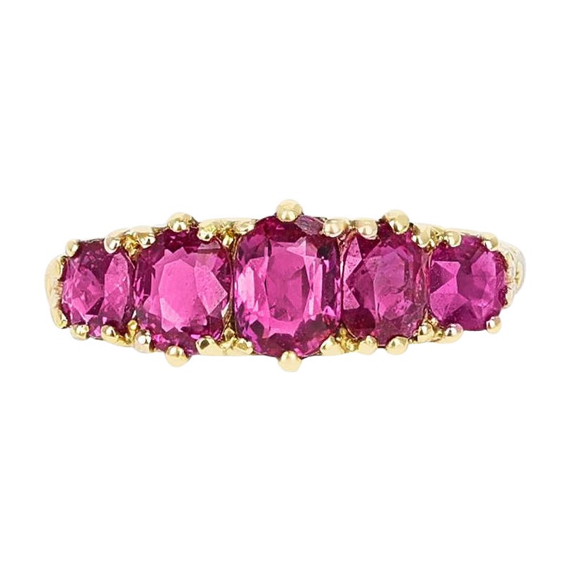 Five Stone Ruby Oval and Round Victorian Ring, 18K Yellow For Sale
