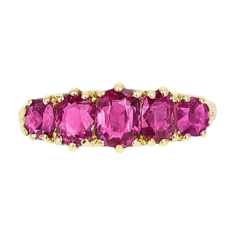 Five Stone Ruby Oval and Round Victorian Ring, 18K Yellow