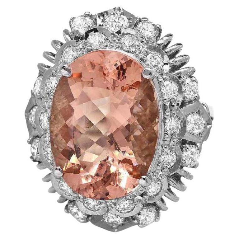 9.70 Carats Natural Morganite and Diamond 14K Solid White Gold Ring For Sale