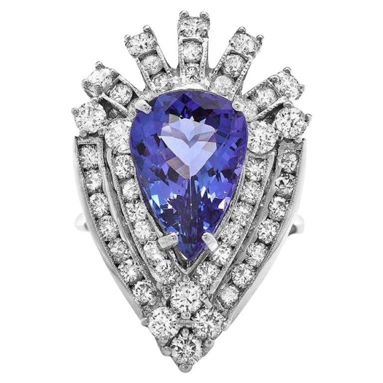 6.60 Carats Natural Tanzanite and Diamond 14K Solid White Gold Ring For Sale