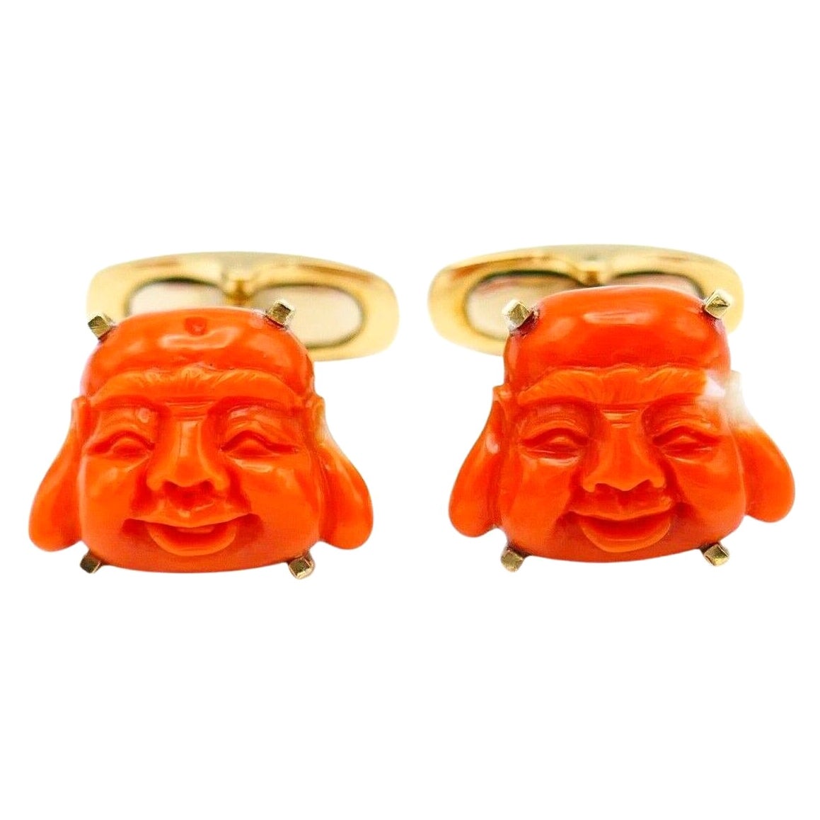 Vintage Yellow Gold Coral Laughing Buddha Cufflinks For Sale