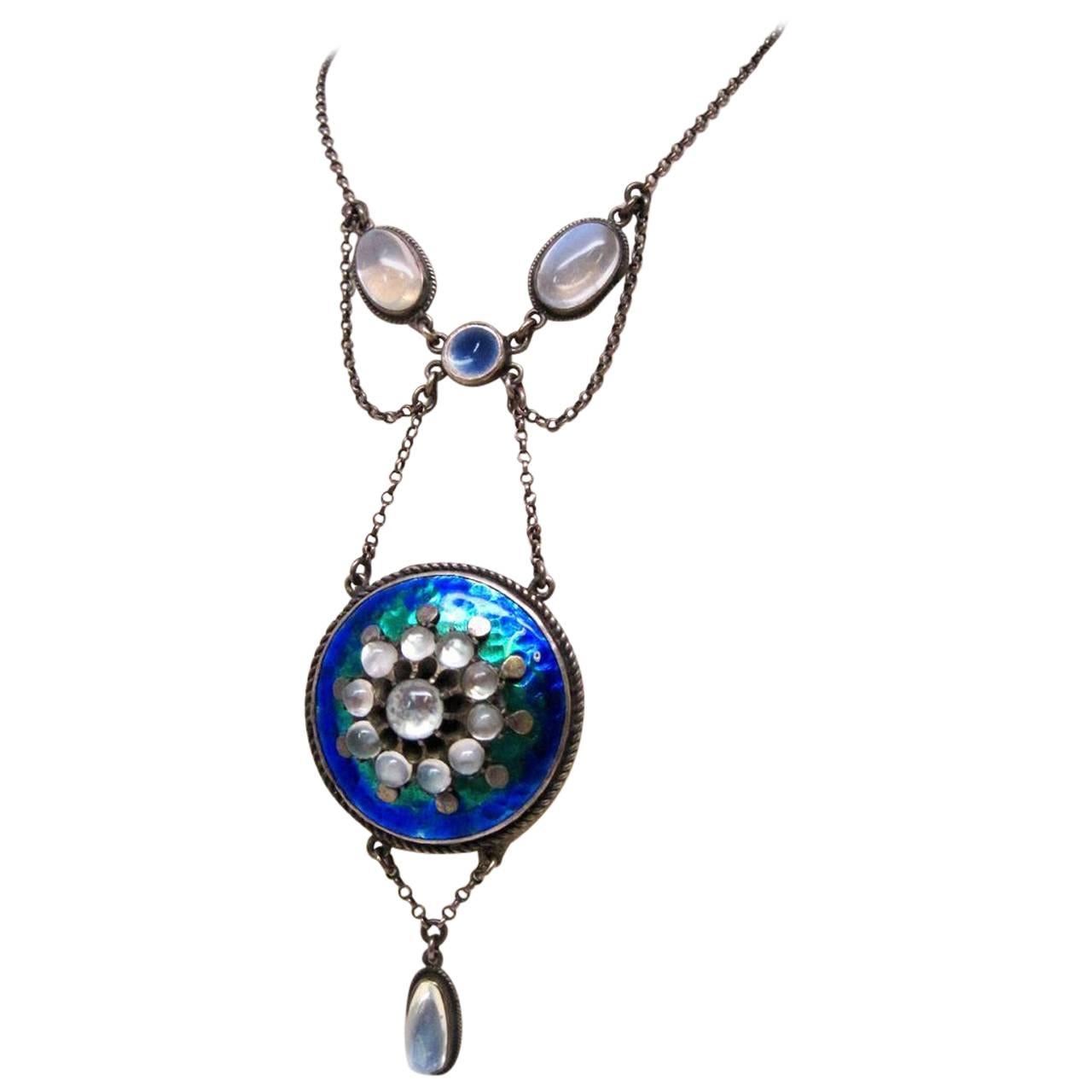 Arts and Crafts Handmade Multicolor Enamel Moonstone Silver Necklace